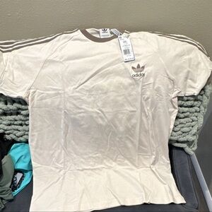 adidas Cream Tee with Brown Logo Embroidery